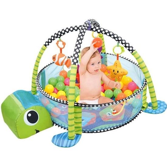 Tapis d'éveil bébé Tapis de jeu Non toxique sûr Lavable en machine Cadre de fitness 5 jouets suspendus,30 boules océaniques-Tortue
