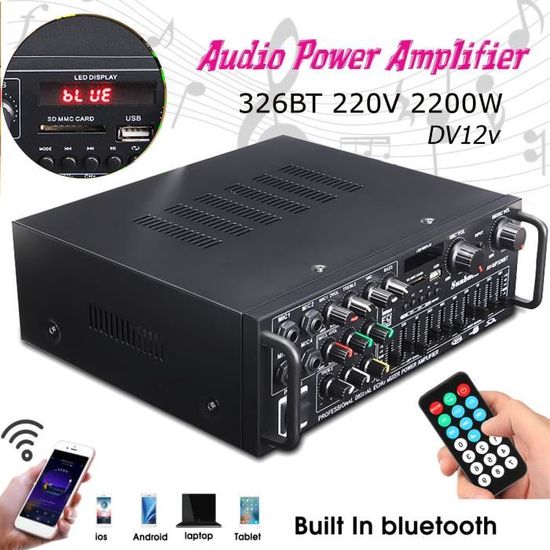 2000W 2 Chaîne Amplificateur HIFI Bluetooth Stéréo USB SD FM LED