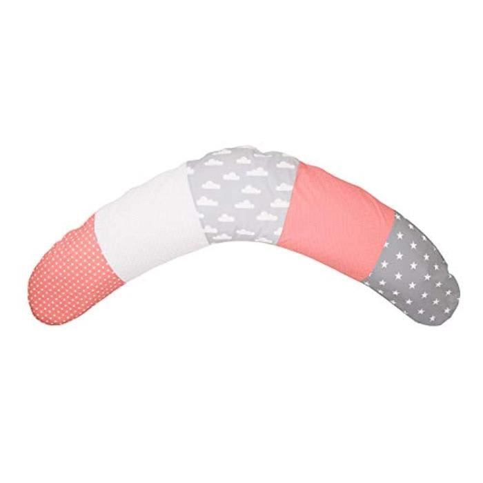 Coquille Allaitement BJPRO 100% Cotton Nursing Pillow by Clouds-Stars-Polka Dots Breastfeeding-Side Sleeper 75 x 15 - Pink-Grey