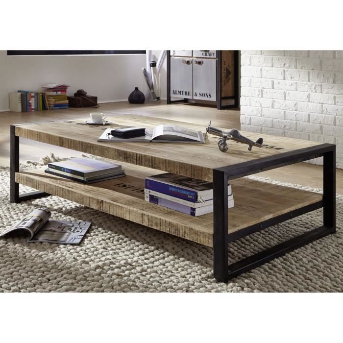 Table basse industrielle 140x80cm - Bois massif de manguier brut - Fer et bois imprimé - FACTORY #126