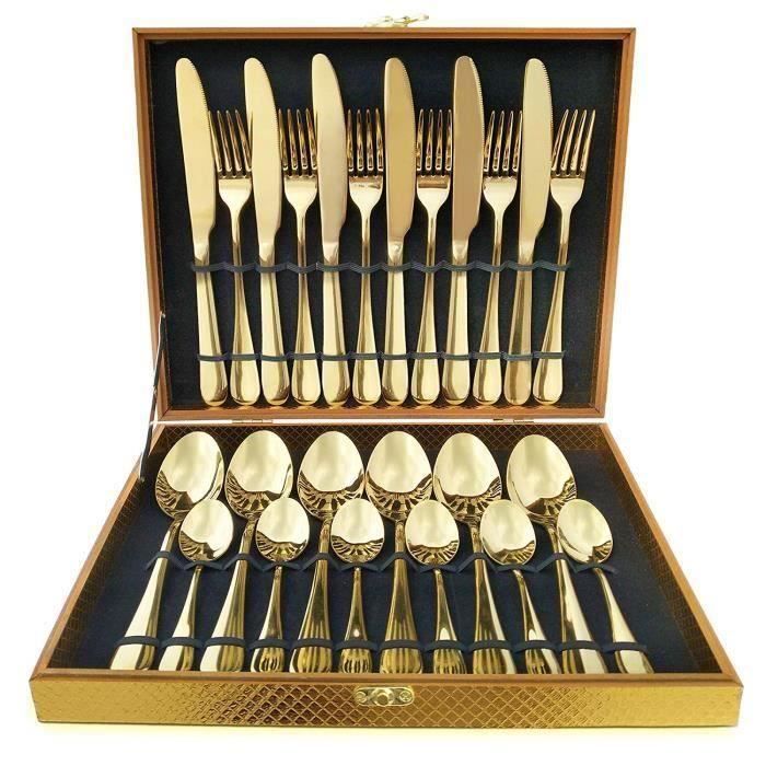 Ménagère 24 couverts dorés et modernes pour 6 personnes en acier inoxydable, pour mariage ou tout autre événement