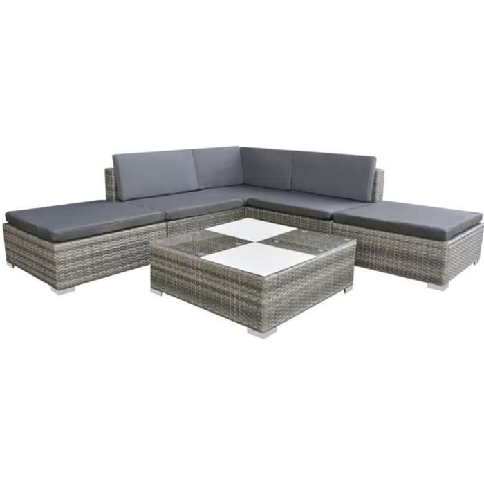 Mobilier de jardin avec coussins Résine tressée 6 pcs Gris