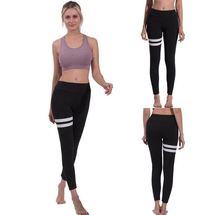 Simple Sport Rayé Femmes Push Up Leggings Pantalon De Yoga De Taille Haute Collants Minces Noir M G06223