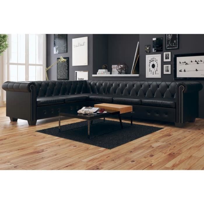 Canapé D'Angle Chesterfield 6 Places Cuir Artificiel Noir @TXY028
