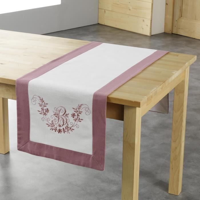 Chemin de table 40 x 140 cm polyester brode bonheur Rose/Blanc