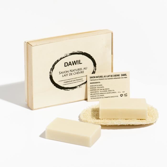 DAWIL Coffret Pack Savon lait de chevre artisanal Français 2X100g loofah - acné eczéma point noir hydratant corps soin visage main