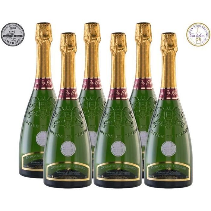 Lot de 6 bouteilles Crémant de Bordeaux Blanc Brut Domaine du Cassard- Médaille d'or au concours Terre de Vin