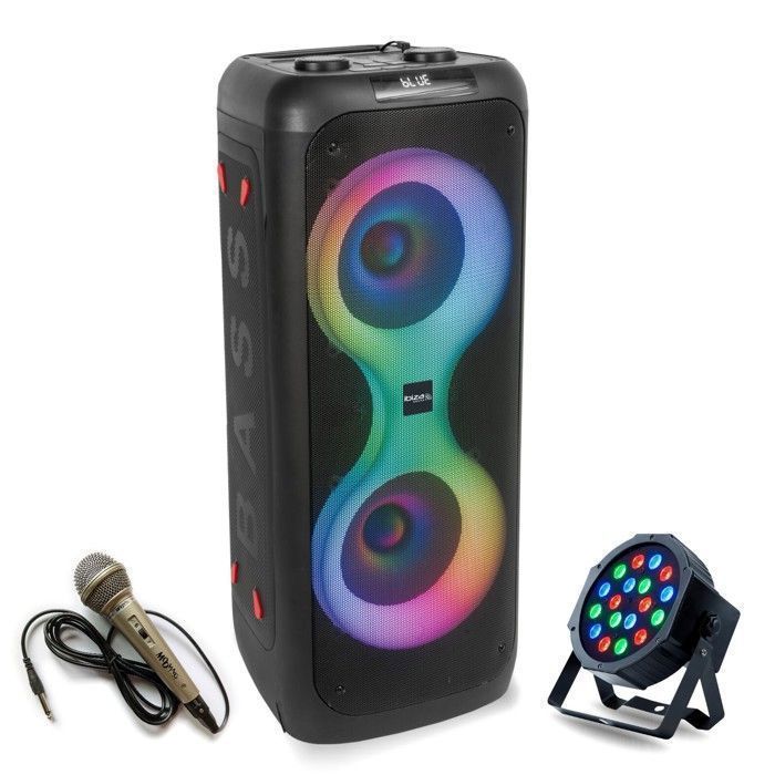 ENSEMBLE ENCEINTE SONO BLUETOOTH USB + JEUX DE LUMIERE avec SUPPORT PORTIQUE DJ idéal pour voas animations anniversaire mariage