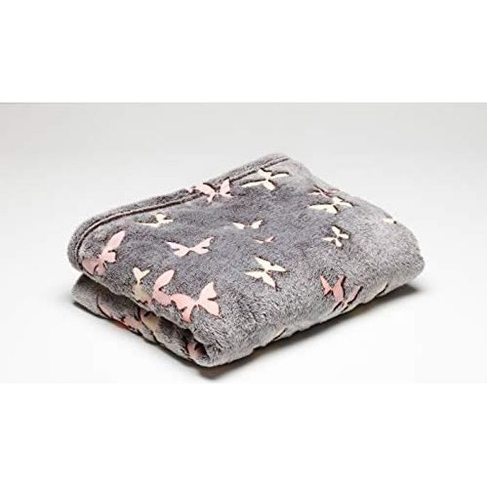 Kanguru Couverture Plaid Phosphorescent Papillon, Butterflies, Polyester, Gris, 130 x 150 cm 1195