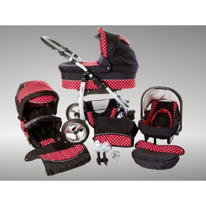 Dino Poussette Trio Nacelle Poussette Canne Siège auto Parasol Accessoires 34 noir & rouge & points