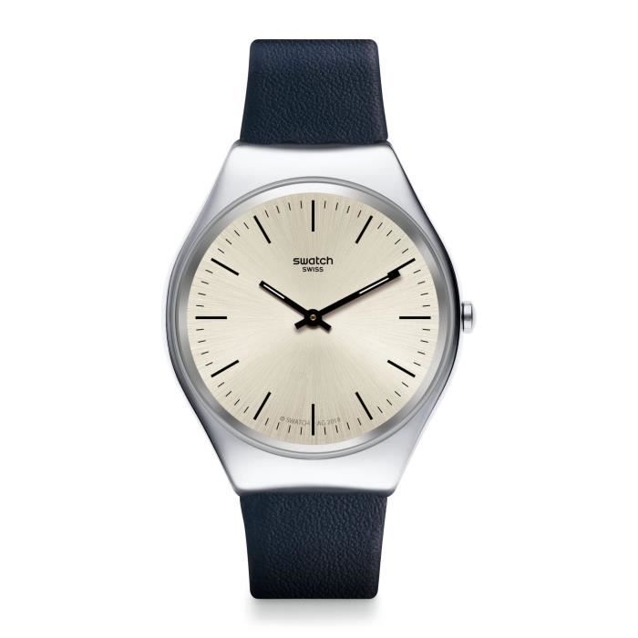 Swatch Skinazul Homme 38mm Bracelet Cuir Bleu Quartz Analogique Montre SYXS115