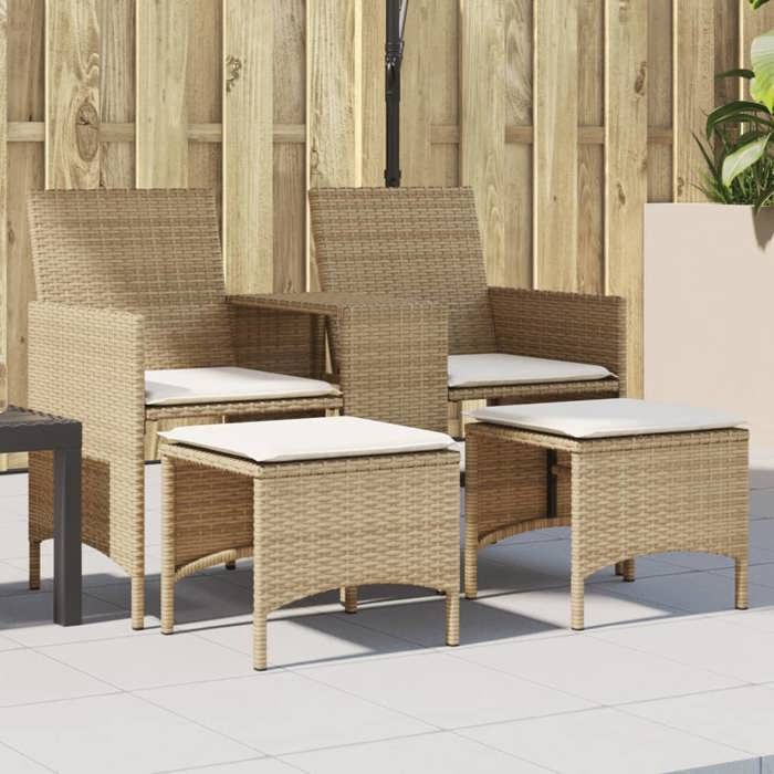 VidaXL Canapé de jardin 2 places avec table et tabourets rotin