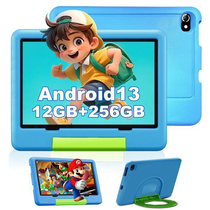 Tablette Enfants Android 13 Tablette 10 Pouces 12 Go RAM + 256 Go ROM/TF 1TB Contrôle Parental WiFi Kid-Proof Étui Bleu