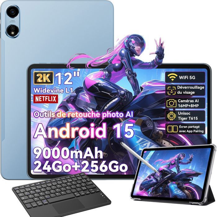 Oscal Pad 100 Tablette Tactile 12 Android 15 2.4G+5G Wifi RAM 24Go ROM 256Go/SD 2To 9000mAh 16+8MP Dual SIM Bleu Avec Clavier K1