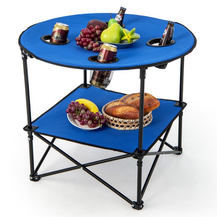 GOPLUS Table de Camping Ronde Pliante et Portable avec 4 Porte-gobeletsÉtagère et Sac de Transport-D.72x59CM-Charge 40KG