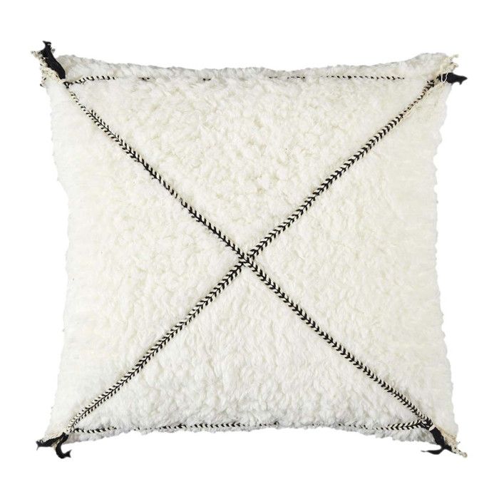 Coussin Sherpa 40x40cm Blanc Motif Géométrique Tressé Noir - FARYA Coussin Sherpa 40x40cm Blanc Motif Géométrique Tressé Noir - FARYA