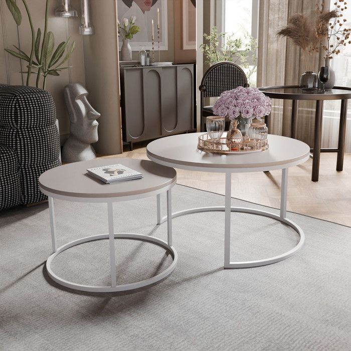 Lot De 2 Tables Basses Gigognes Rondes Blanches - Tables D'Appoint Modernes Salon 60cm & 40cm
