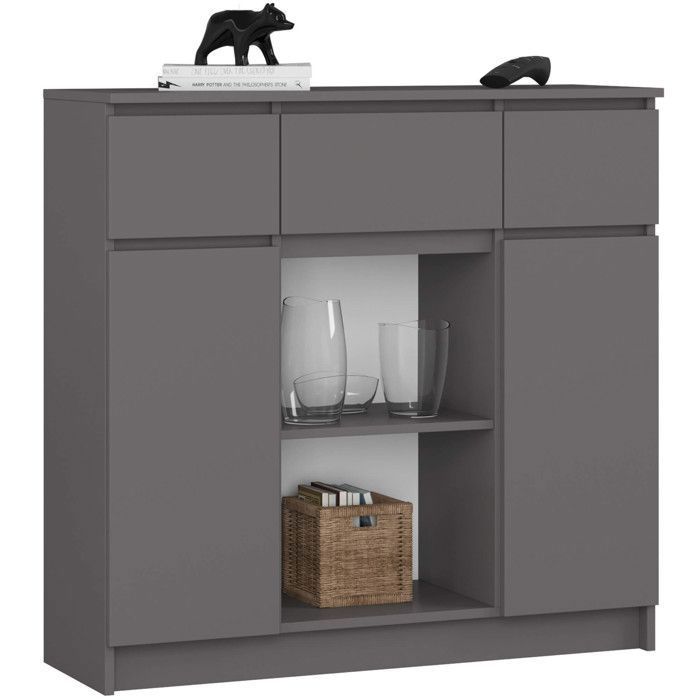 Commode AKORD K100 Gris Graphite 101 cm 2 portes 3 tiroirs façade Gris Graphite 6 étagères 101x35x98 cm