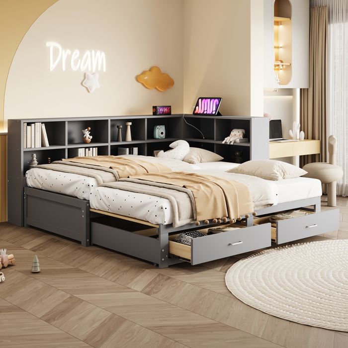 Lit Gigogne - Becag - Lit Simple 90/180x190cm avec USB et 2 Tiroirs - Canapé-lit avec Sommier à Lattes - Bois Gris