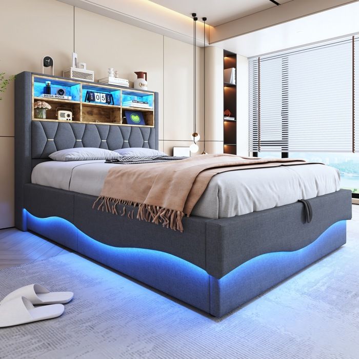Lit capitonné double 140×200cm Lit coffre Lit rembourré en Lin avec bandes LED ports USB rangement et sommier à lattes - gris