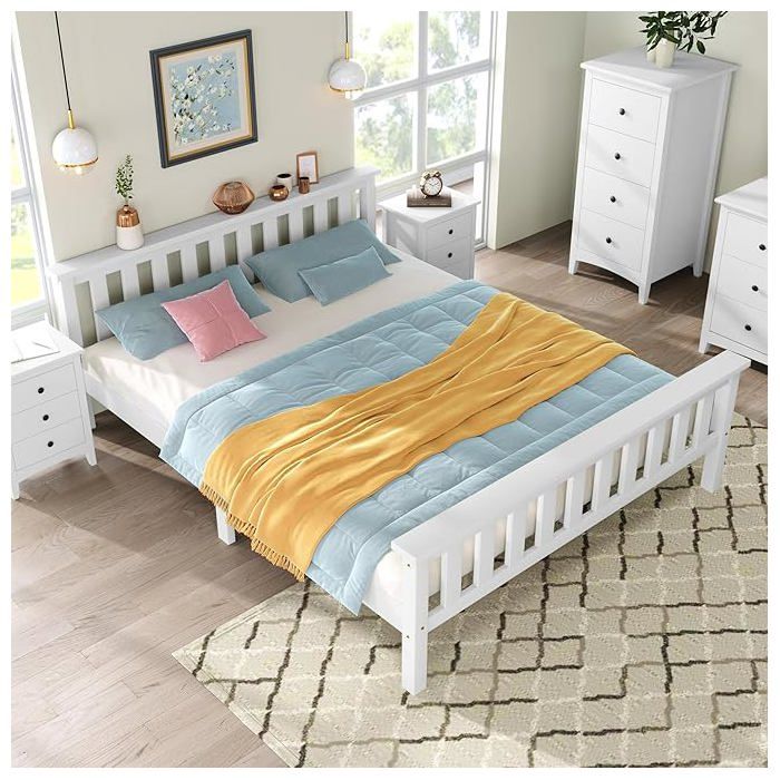 Lit double en bois 140 x 200 cm Sommiers à lattes solides pin pour adultes enfants adolescents Blanc