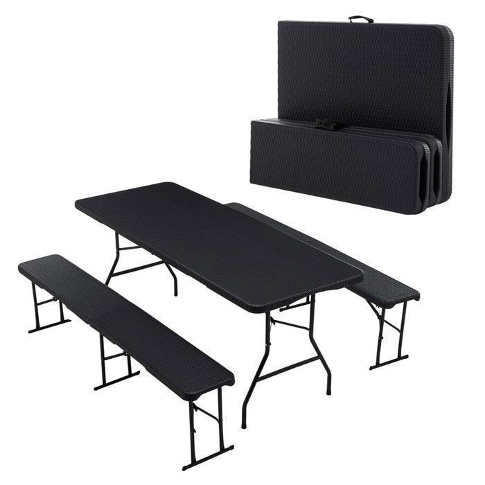 THANADDO Ensemble Table + 2 Bancs Pliante 6-8 Pers Camping Extérieur  Charge 300 kg bancs / 120 kg table