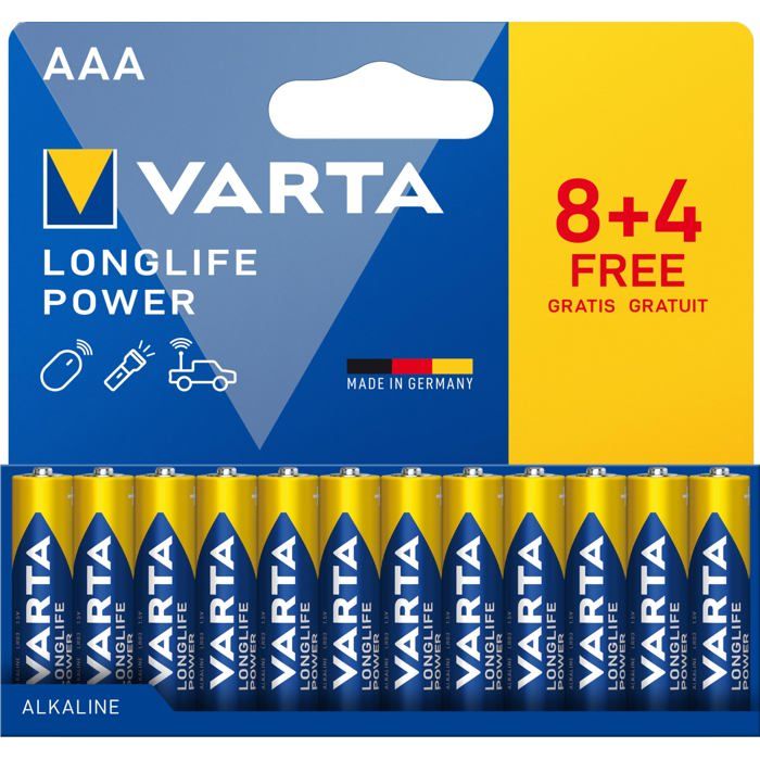 Piles AAA - Varta - Longlife Power - Alcalines - Lot de 12 - Fabriqué en Allemagne Piles AAA - Varta - Longlife Power - Alcalines - Lot de 12 - Fabriqué en Allemagne