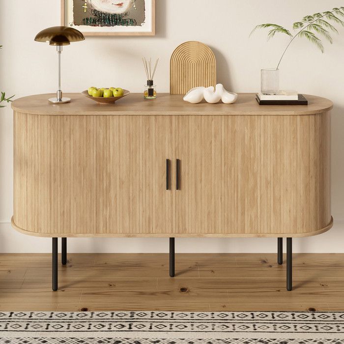 Buffet salle a manger moderne - MDF - Portes coulissantes - Poignées aluminium - Pieds en fer - Couleur bois
