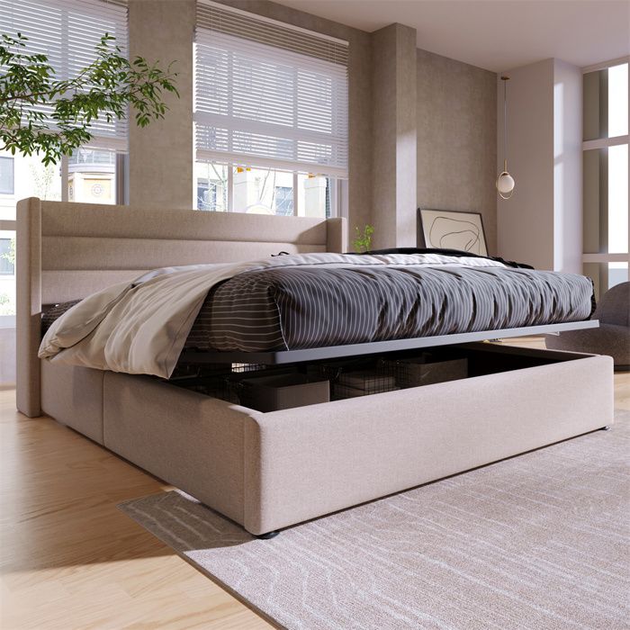 Lit double rembourré coffre 160x200 cm — sommier à lattes rangement hydraulique lin beige structure métal