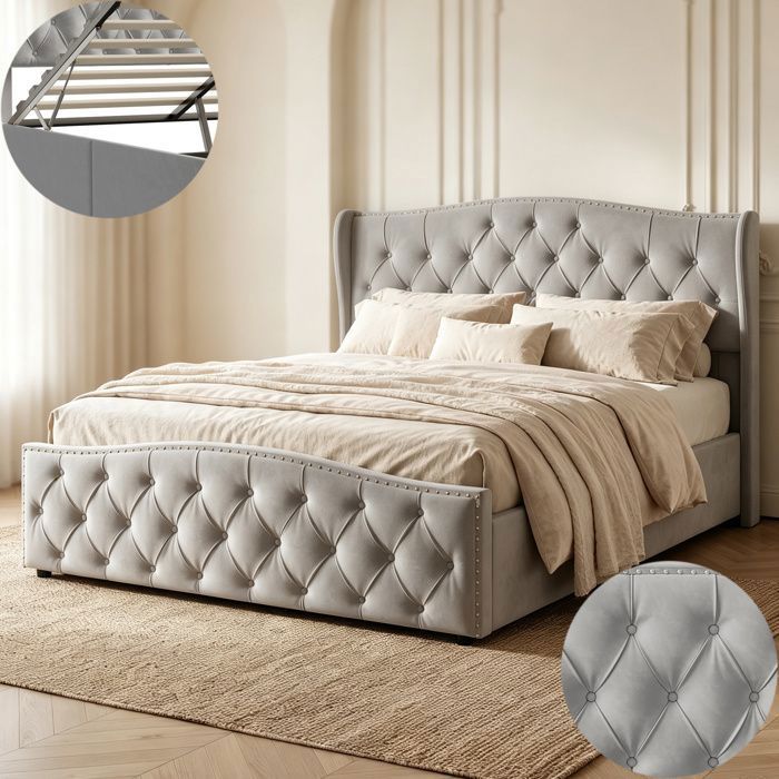 Lit coffre 160x200 cm - NMONET - Velours gris - Sommier à lattes - Rangement intégré - 300 kg de charge