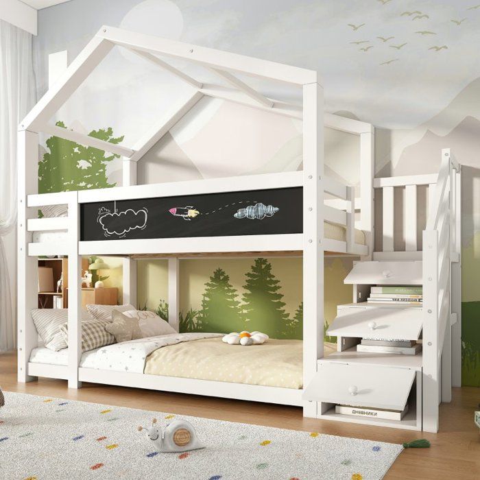 Lit superposé - LANGTU - Treehouse - 2x90x200 cm - Tableau noir inclus - Pin massif blanc