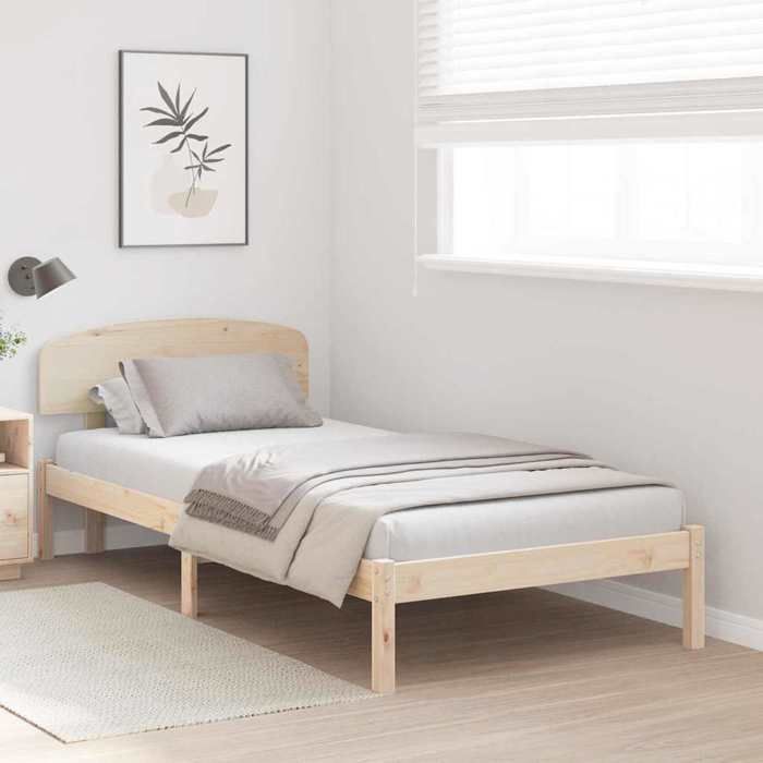Structure de lit en pin massif - UU - 90x200 cm - Naturel - Tête de lit incluse - Cadre à lattes - Poids maximal 100 kg