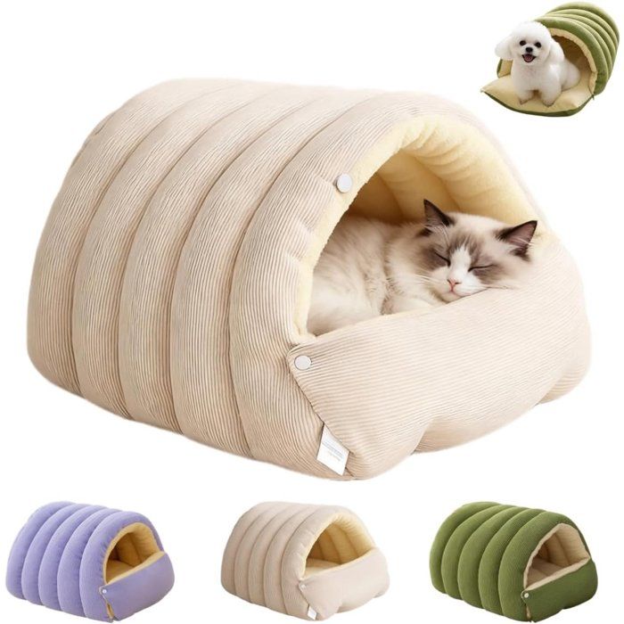 Sac de couchage pour animaux – Beige – Lit pour chat et chien – Doublure en peluche – Extérieur en velours côtelé – Pliable –
