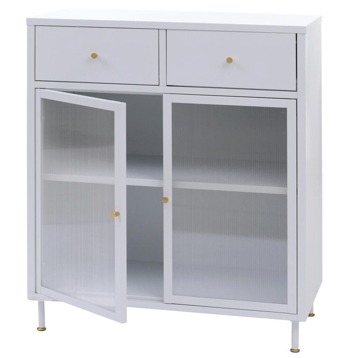 Commode HWC-O87 armoire buffet haut compartiments de rangement tiroirs métal industriel verre osier 96 x 80 x 40 Commode HWC-O87 armoire buffet haut compartiments de rangement tiroirs métal industriel verre osier 96 x 80 x 40