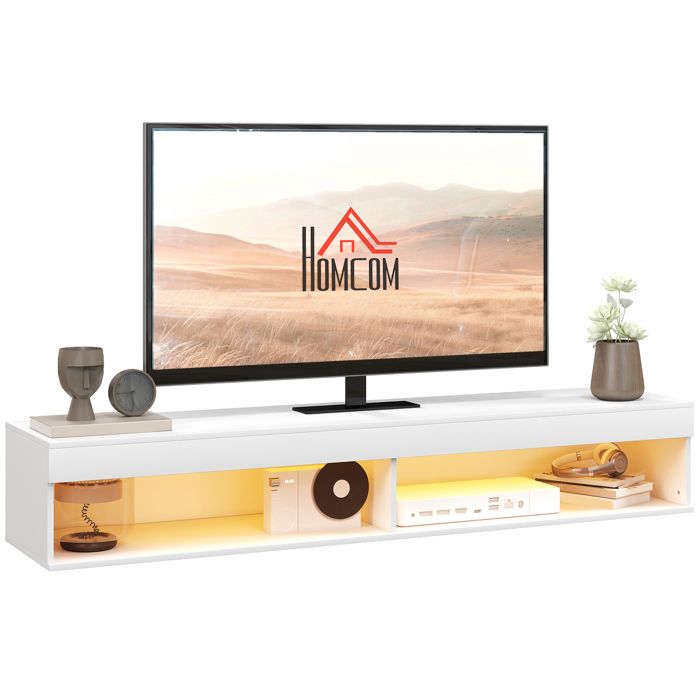Meuble TV suspendu mural HOMCOM avec éclairage LED pour téléviseurs jusquà 75 pouces étagères 180L x 40l x 30H cm blanc