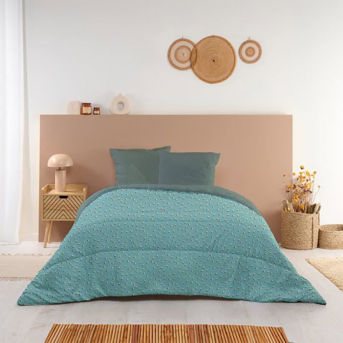 Couette Imprimée Chaude Dana 220x240cm Lit 2 places - Édredon 350g/m² Microfibre Fabriqué en France - Vert Céladon/Gris - BLEU CALIN