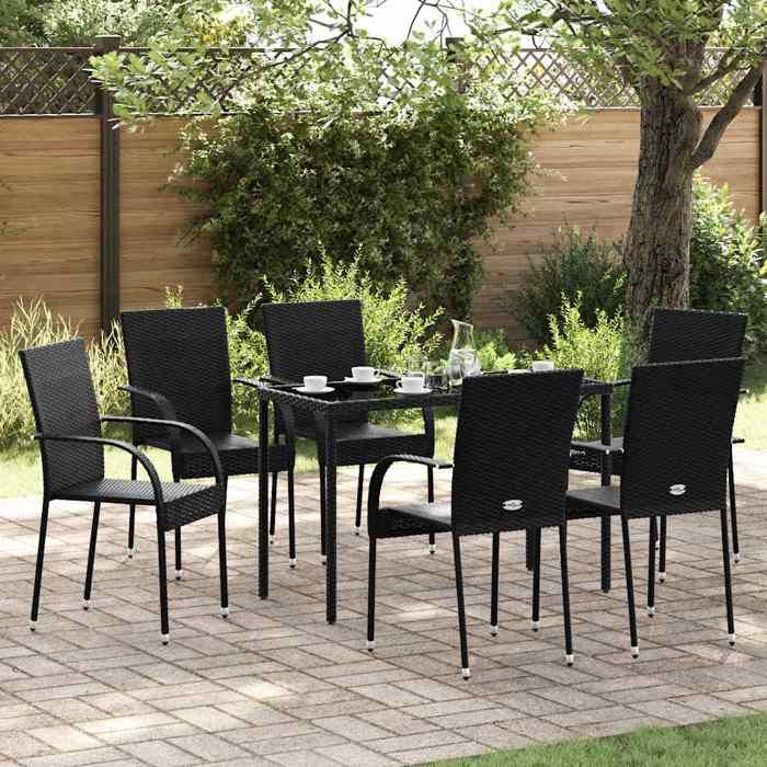 Noir Chaises empilables dextérieur lot de 6 Résine tressée Noir - SIEGE de jardin H16404