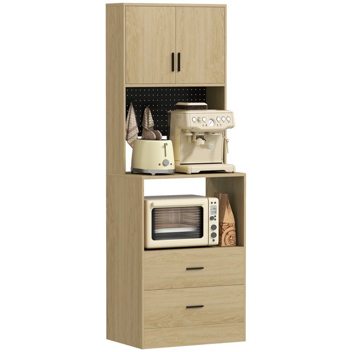 Meuble micro-ondes - HOMCOM - 2 tiroirs 2 portes plan de travail étagère réglable panneau perforé - bois - 60x40x170cm - naturel