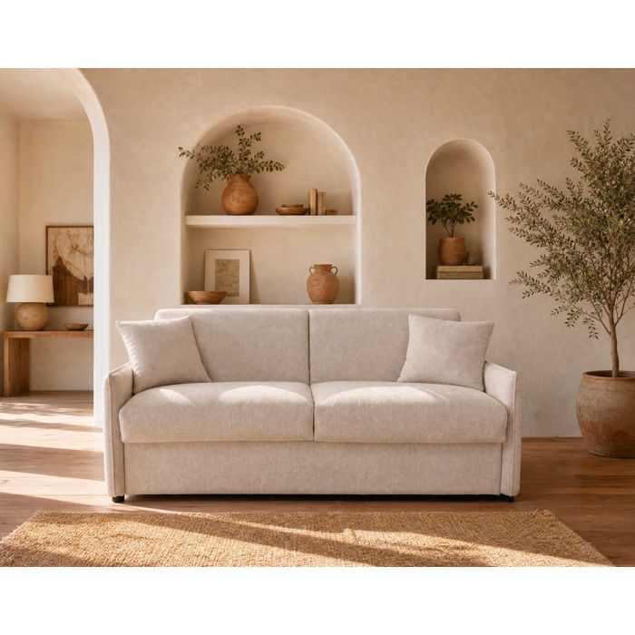 Adele - Canapé lit 2 places convertible express couchage quotidien 140x190 cm matelas 14 cm en tissu texturé - Beige Adele - Canapé lit 2 places convertible express couchage quotidien 140x190 cm matelas 14 cm en tissu texturé - Beige