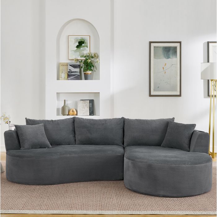 Canapé 3 places gris design arrondi porte-gobelets coussins inclus montage sans outils