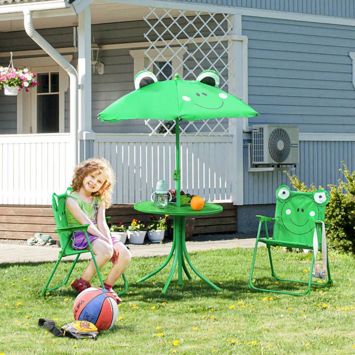 Ensemble Salon de Jardin Enfant 4 pcs Design Grenouille - Table Ronde + 2 chaises Pliables + Parasol - métal époxy Oxford Vert