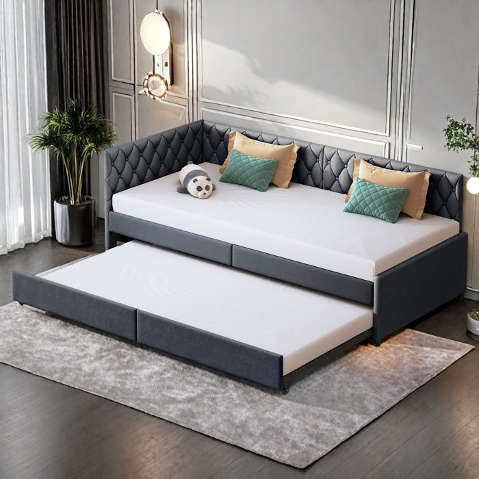 Lit Gigogne 90x200 Moderne Scandinave Canapé-Lit Extensible avec Sommiers à Lattes Lit Capitonné 2 Places Velours Gris