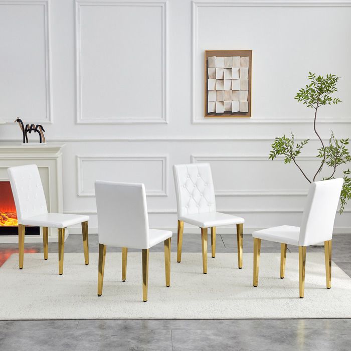 Lot de 4 chaises de salle à manger 42x46x89 cm avec dossier matelassé et pieds dorés en PU blanc