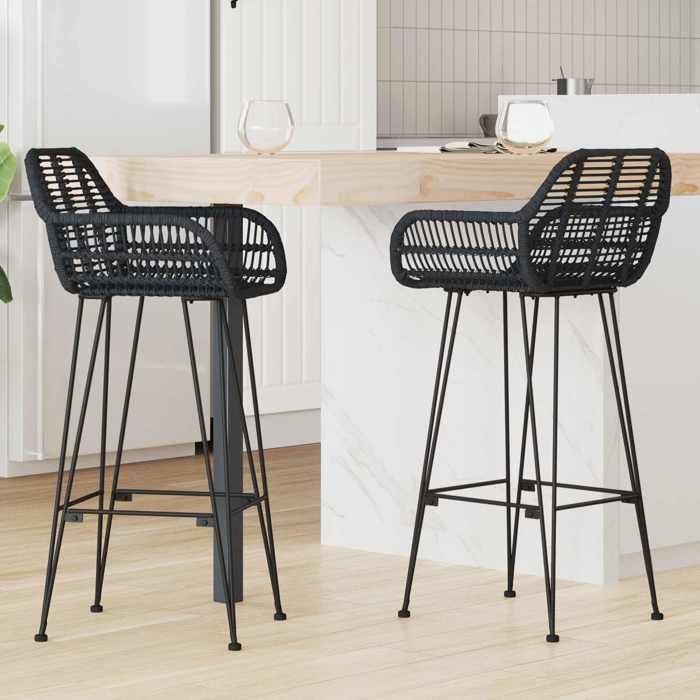 2 pcs Chaises haute Noir - Magnifique Chaise de bar Classique pour Cuisine Café Noir 55x52x105cm Rotin et métal 1749