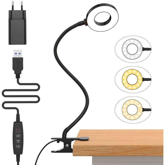 10W Lampe de Bureau à Pince avec Adaptateur USB[3 Modes d’Éclairage &10 Niveaux de Luminosité] Flexible à 360°[Classe énergétique