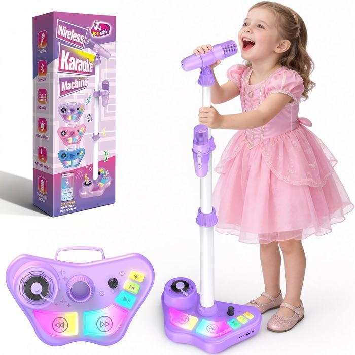 Microphone Enfant avec Pied Set de 2 Micros sans Fil avec Lumière LED Hauteur Réglable 47-108 cm Enceinte Bluetooth/TF/USB/AUX