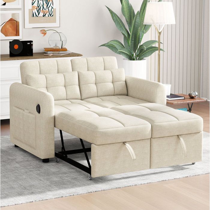 Canapé-lit 3-en-1 beige en coton et lin avec USB poches et 2 coussins