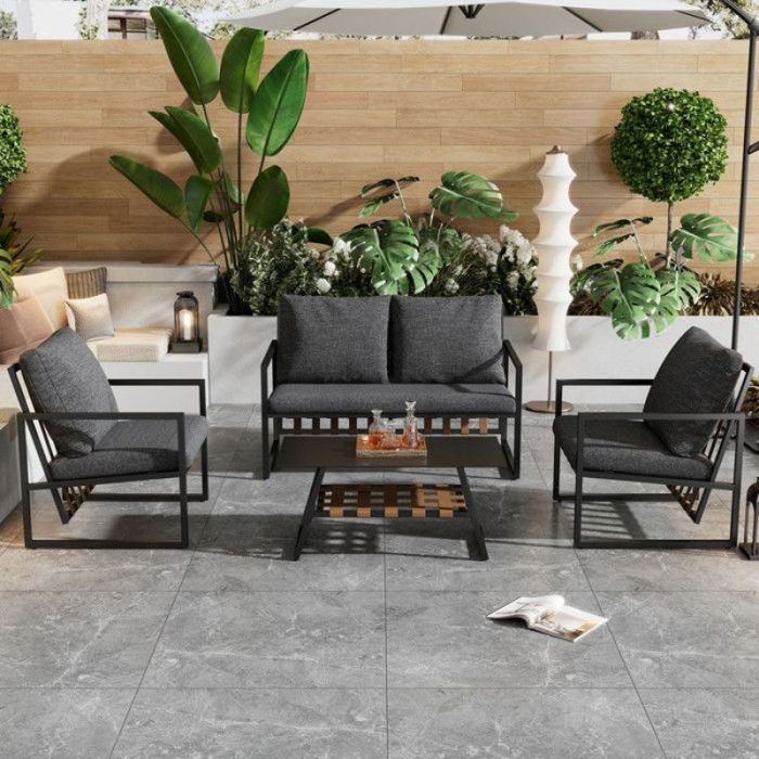 Ensemble de jardin extérieur haut de gamme–Mobilier en teck massif +coussins en lin naturel–Set 6 pièces avec p SALON BAS DE JARDIN