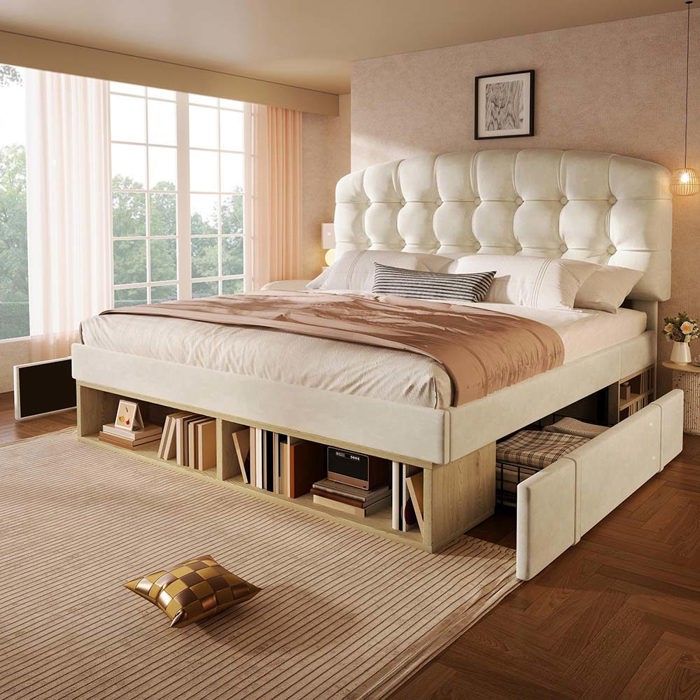 Lit double - 140 x 200 cm - Tissu velours beige - Tête de lit réglable 3 positions - Tiroirs & rangements