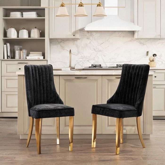 Chaises de salle à manger en tissu chenille floqué noir structure en acier inoxydable plaqué or dossier haut lot de 2 design